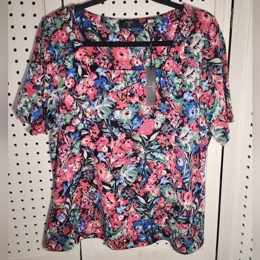 Tahari Large Square Neck Floral Knit Short Sleeve NEW Brihjt